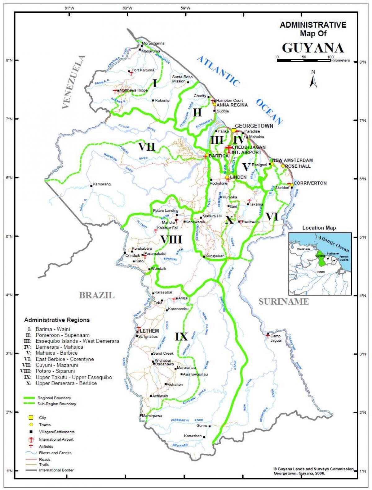χάρτης της Γουιάνας που δείχνει τις δέκα διοικητικές περιφέρειες