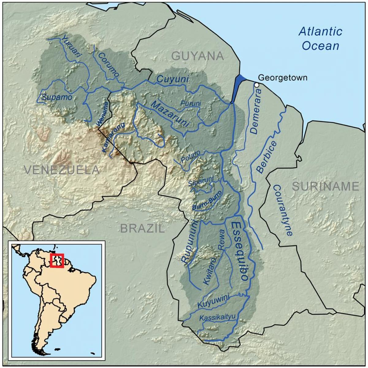 χάρτης της Γουιάνας που δείχνει τα τρία κύρια ποτάμια