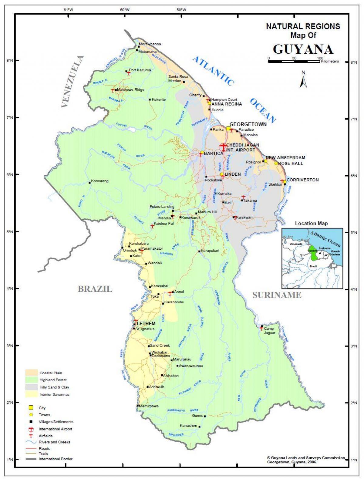χάρτης της Γουιάνας δείχνει φυσικών πόρων