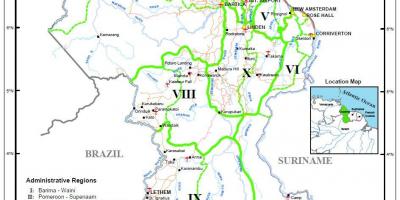 Χάρτης της Γουιάνας που δείχνει τις δέκα διοικητικές περιφέρειες